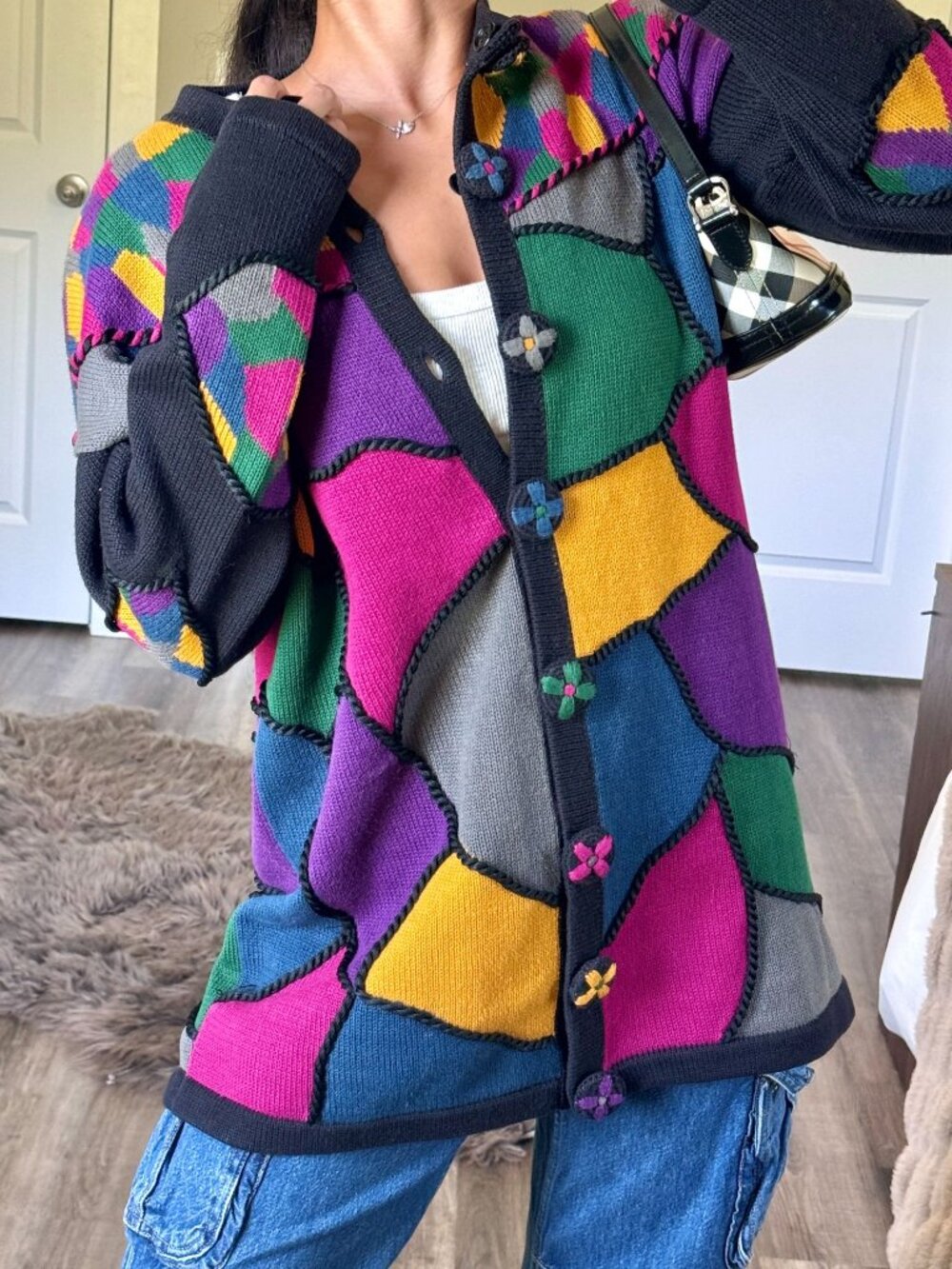 Vintage 80s Patchwork Cardigan Sweater Sz 2 Colorblock Whimsical Y2K Art Teacher